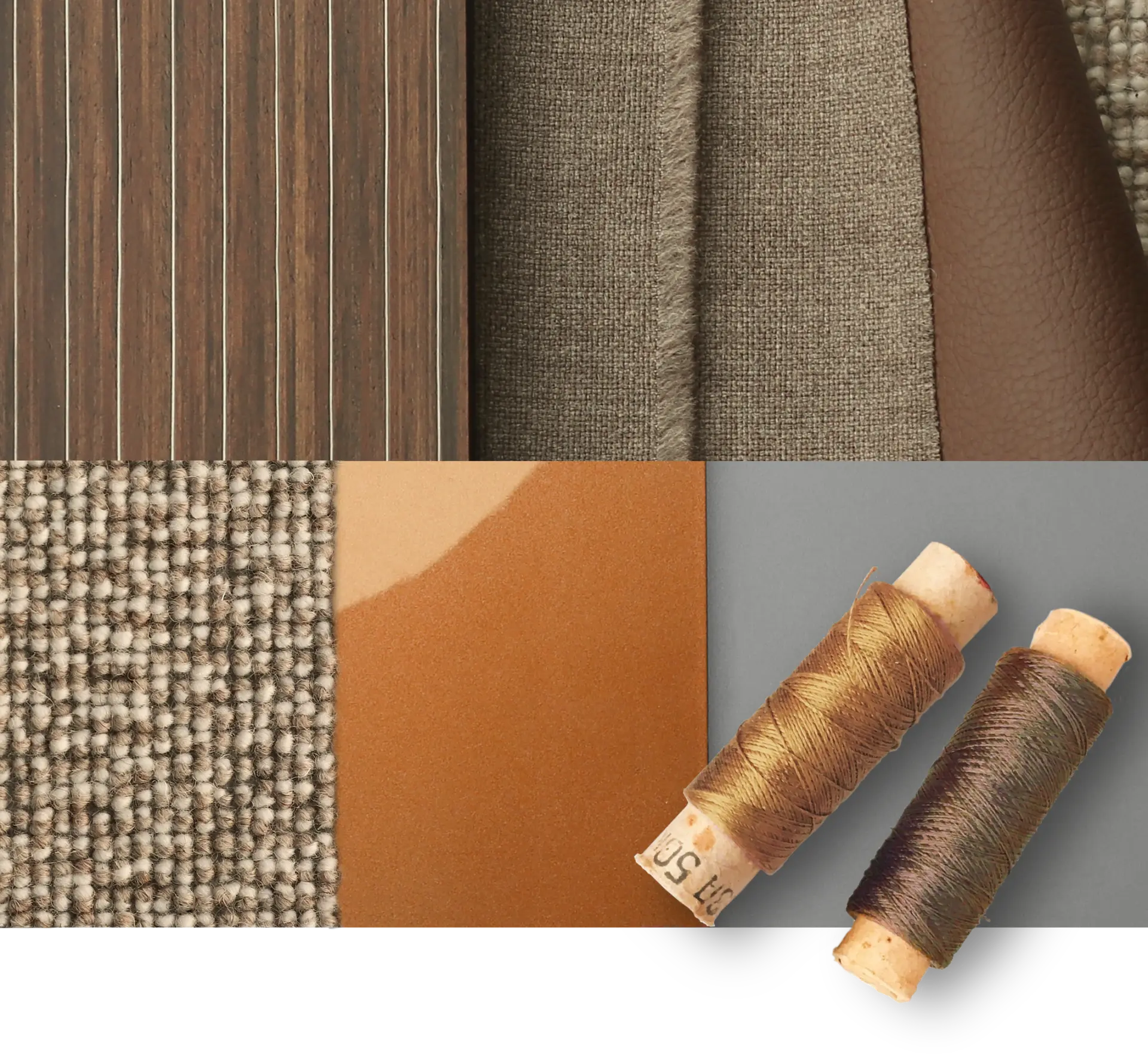 Leather, textile, wood and thread samples for a bespoke Morgan interior